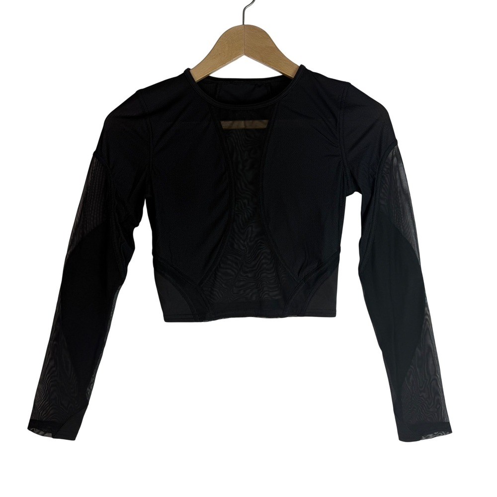 Lululemon Black Mesh Panel Long Sleeve Crop Top Open Back Yoga Shirt